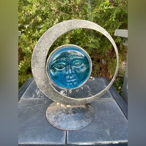 Vintage Blue Cobalt Glass Wrought Iron Candle Holder Celestial Moon